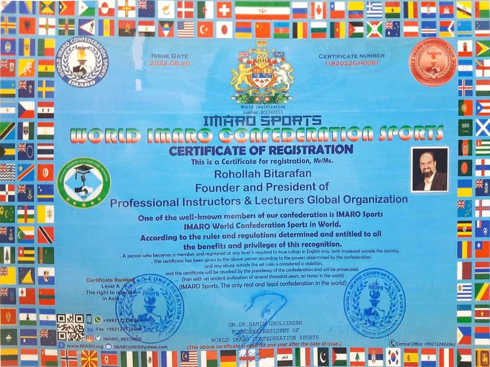 Certificate of Registration Professional Instructors & Lecturers Global Organization in the World Imaro Confederation Sports