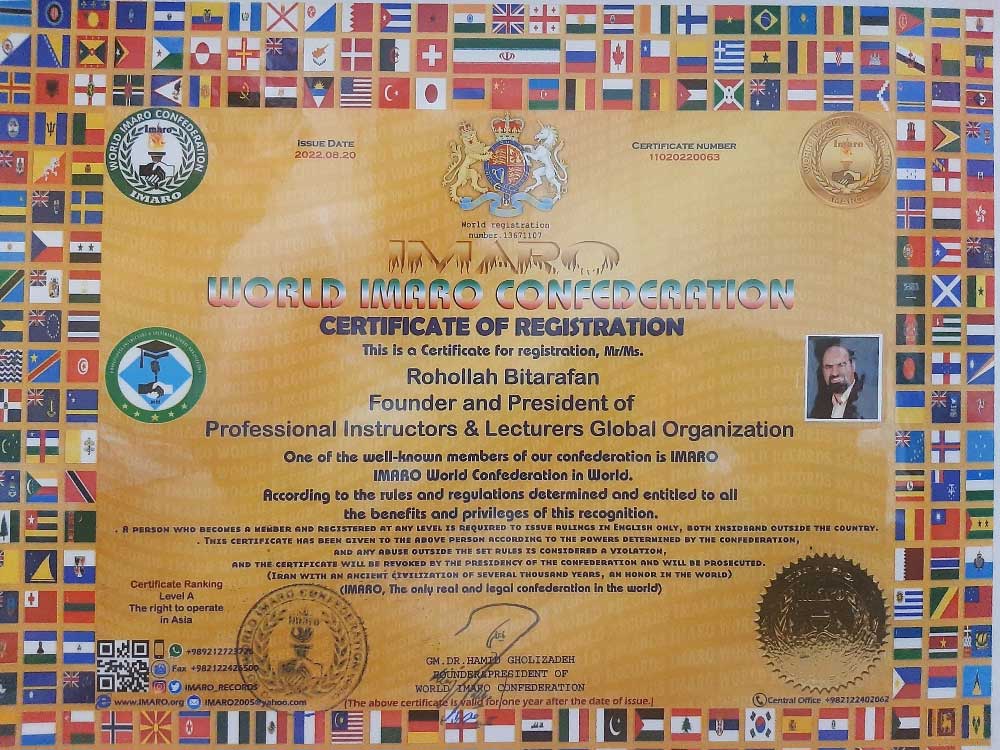 Certificate of Registration Professional Instructors & Lecturers Global Organization in the World Imaro Confederation