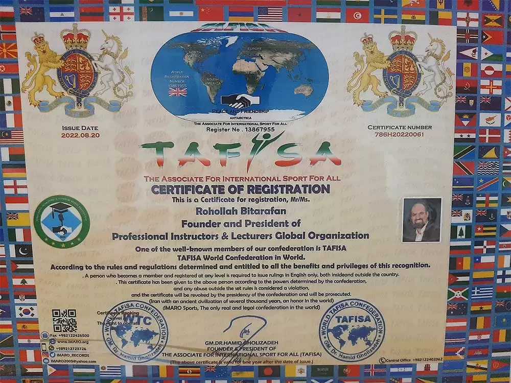 Certificate of Registration Professional Instructors & Lecturers Global Organization in the World Tafisa Confederation
